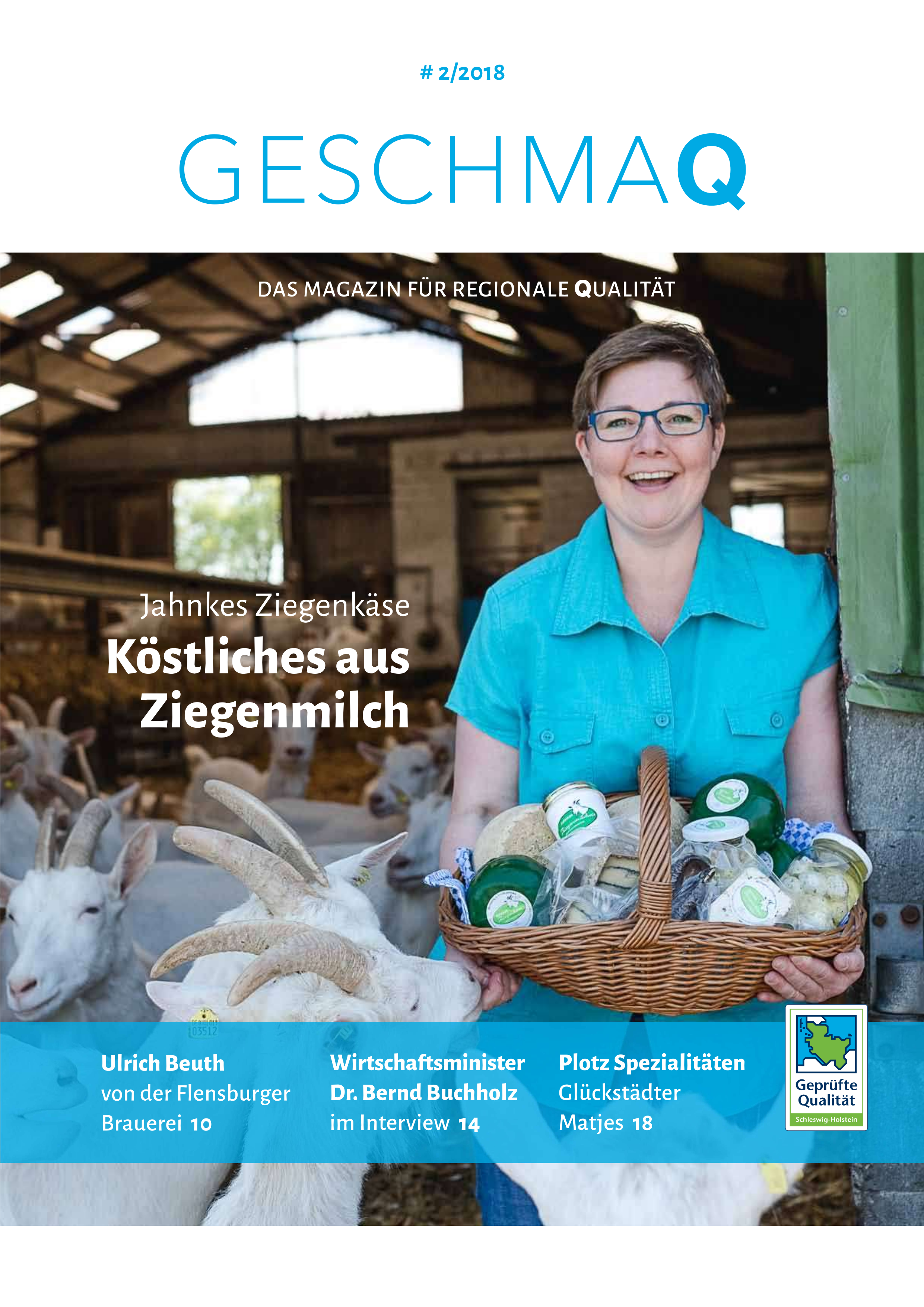 Eine Frau im Ziegenstall mit einem Korb voller Käse-Produkte