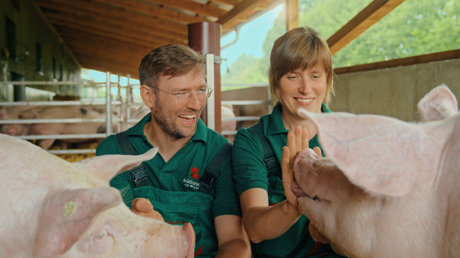 Ein Mann und eine Frau sitzen in einer Schweinebucht und streicheln Schweine