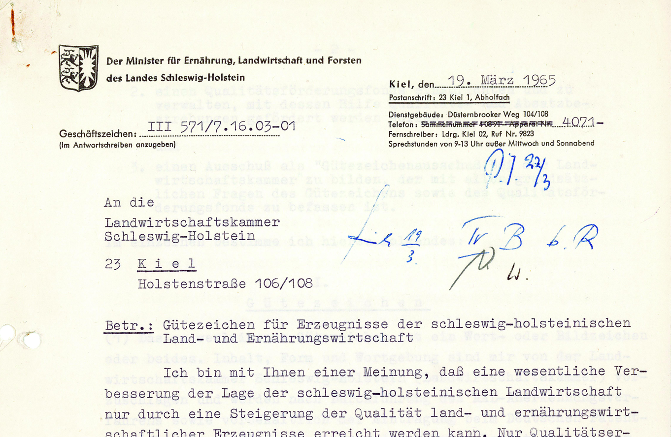Scan eines Briefes des Landwirtschaftsministeriums an Landwirtschaftskammer von 1965