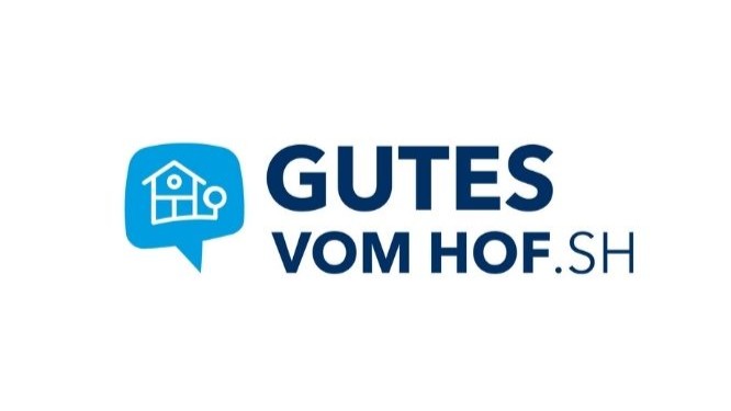 blaue Sprechblase mit weißem Hof und Schriftzug GUTES VOM HOF.SH